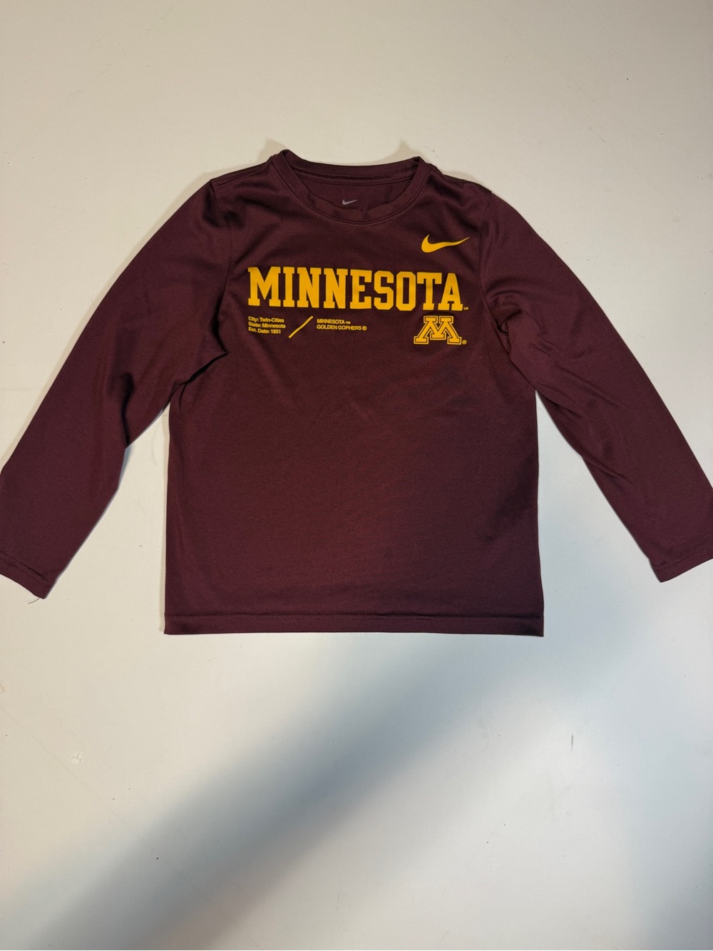 Nike Maroon Minnesota Long-Sleeve Kids Tee with Gold Logo